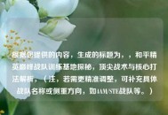 根据您提供的内容，生成的标题为，，和平精英巅峰战队训练基地探秘，顶尖战术与核心打法解析，（注，若需更精准调整，可补充具体战队名称或侧重方向，如4AM/STE战队等。）