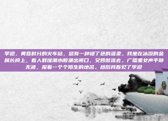 李迎,黄昏时分的火车站,总有一种褪了色的温柔。我坐在冰凉的金属长椅上,看人群像潮水般涌出闸口,又四散流去。广播里女声平静无波,报着一个个陌生的地名。然后我看见了李迎