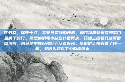 医务室,深夜十点,我穿过寂静的走廊,推开那扇贴着医务室白色牌子的门。熟悉的消毒水味道扑面而来,药柜上摆着几瓶葡萄糖溶液,白色床单在日光灯下泛着冷光。值班护士抬头看了我一眼,又低头翻看手中的病历本