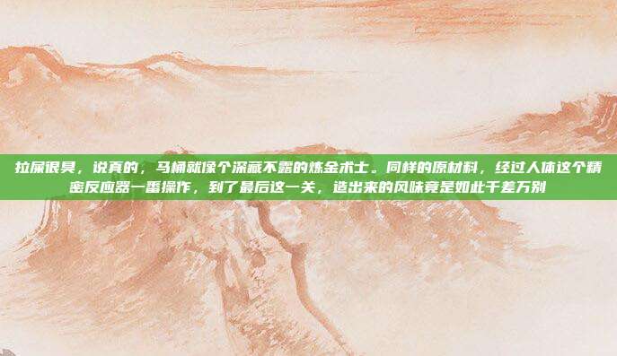 拉屎很臭,说真的,马桶就像个深藏不露的炼金术士。同样的原材料,经过人体这个精密反应器一番操作,到了最后这一关,造出来的风味竟是如此千差万别