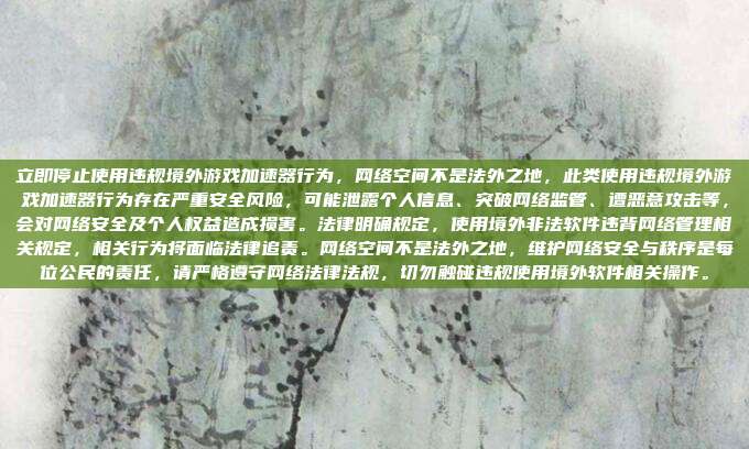 立即停止使用违规境外游戏加速器行为,网络空间不是法外之地,此类使用违规境外游戏加速器行为存在严重安全风险,可能泄露个人信息、突破网络监管、遭恶意攻击等,会对网络安全及个人权益造成损害。法律明确规定,使用境外非法软件违背网络管理相关规定,相关行为将面临法律追责。网络空间不是法外之地,维护网络安全与秩序是每位公民的责任,请严格遵守网络法律法规,切勿触碰违规使用境外软件相关操作。