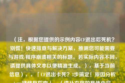 (注,根据您提供的示例内容CF退出后死机?别慌!快速排查与解决方案,推测您可能需要与游戏/程序崩溃相关的标题。若实际内容不同,请提供具体文本以便精准生成。),基于当前信息),,「CF退出卡死?3步搞定!原因分析+一键修复指南」,(请补充您的具体内容,我将为您生成最匹配的标题。)
