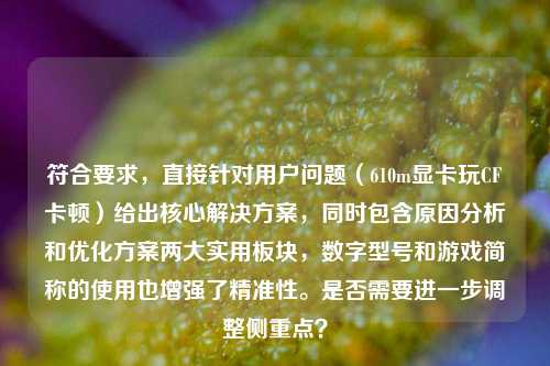 符合要求,直接针对用户问题(610m显卡玩CF卡顿)给出核心解决方案,同时包含原因分析和优化方案两大实用板块,数字型号和游戏简称的使用也增强了精准性。是否需要进一步调整侧重点?