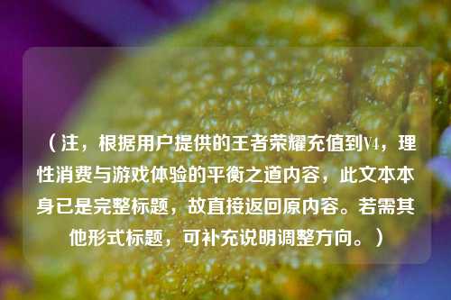 (注,根据用户提供的王者荣耀充值到V4,理性消费与游戏体验的平衡之道内容,此文本本身已是完整标题,故直接返回原内容。若需其他形式标题,可补充说明调整方向。)