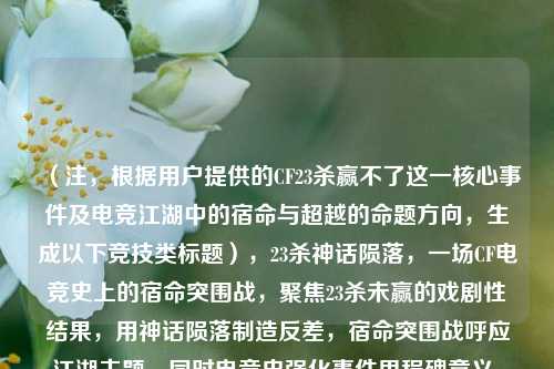 (注,根据用户提供的CF23杀赢不了这一核心事件及电竞江湖中的宿命与超越的命题方向,生成以下竞技类标题),23杀神话陨落,一场CF电竞史上的宿命突围战,聚焦23杀未赢的戏剧性结果,用神话陨落制造反差,宿命突围战呼应江湖主题,同时电竞史强化事件里程碑意义,符合用户要求的宿命与超越双重命题)