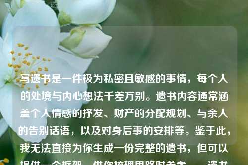 写遗书是一件极为私密且敏感的事情,每个人的处境与内心想法千差万别。遗书内容通常涵盖个人情感的抒发、财产的分配规划、与亲人的告别话语,以及对身后事的安排等。鉴于此,我无法直接为你生成一份完整的遗书,但可以提供一个框架,供你梳理思路时参考。,遗书框架具体如下,遗书或我的遗愿,- 表达感激之情,对亲人、朋友或其他重要的人表达感激以及即将分别的遗憾。,- 财产分配,说明自己的财产如何处理。,- 墓地和葬礼安排,如果你对葬礼或墓地有特定的安排,请在此部分提及。,- 结束语,表达自己的不舍以及祝福。,落款,