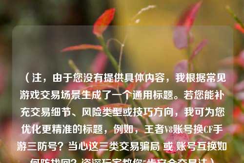 (注,由于您没有提供具体内容,我根据常见游戏交易场景生成了一个通用标题。若您能补充交易细节、风险类型或技巧方向,我可为您优化更精准的标题,例如,王者V8账号换CF手游三防号?当心这三类交易骗局 或 账号互换如何防找回?资深玩家教你5步安全交易法)