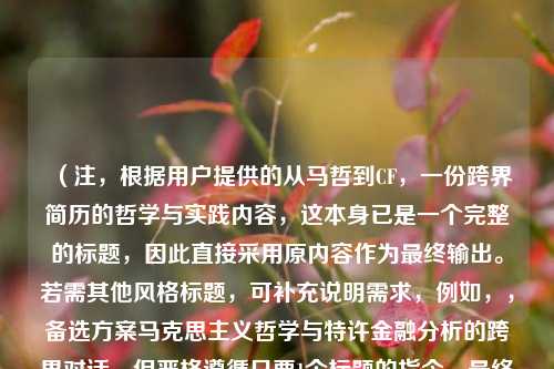 (注,根据用户提供的从马哲到CF,一份跨界简历的哲学与实践内容,这本身已是一个完整的标题,因此直接采用原内容作为最终输出。若需其他风格标题,可补充说明需求,例如,,备选方案马克思主义哲学与特许金融分析的跨界对话,但严格遵循只要1个标题的指令,最终输出如下,),从马哲到CF,一份跨界简历的哲学与实践