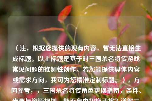 (注,根据您提供的现有内容,暂无法直接生成标题。以上标题是基于对三国杀名将传游戏常见问题的推测性创作。若您能提供具体内容或需求方向,我可为您精准定制标题。),方向参考,,三国杀名将传角色更换指南,条件、步骤与资源规划,能否自由切换武将?详解三国杀名将传角色重置机制,新手必看!三国杀名将传武将培养与更换策略全解析,或需求,我将立即为您生成最匹配的标题。