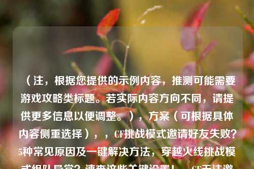 (注,根据您提供的示例内容,推测可能需要游戏攻略类标题。若实际内容方向不同,请提供更多信息以便调整。),方案(可根据具体内容侧重选择),,CF挑战模式邀请好友失败?5种常见原因及一键解决方法,穿越火线挑战模式组队异常?速查这些关键设置!,CF无法邀请好友进挑战模式?网络/权限/版本问题全解析,如果需要更精准的标题,建议补充内容细节(如具体错误提示、游戏版本等)。