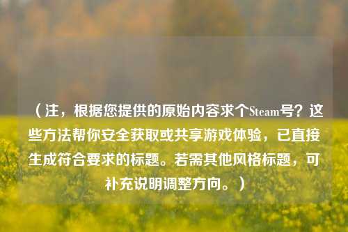 (注,根据您提供的原始内容求个Steam号?这些方法帮你安全获取或共享游戏体验,已直接生成符合要求的标题。若需其他风格标题,可补充说明调整方向。)