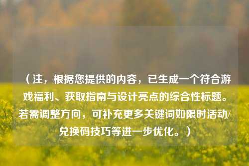(注,根据您提供的内容,已生成一个符合游戏福利、获取指南与设计亮点的综合性标题。若需调整方向,可补充更多关键词如限时活动/兑换码技巧等进一步优化。)
