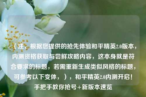(注,根据您提供的抢先体验和平精英2.0版本,内测资格获取与尝鲜攻略内容,这本身就是符合要求的标题,若需重新生成类似风格的标题,可参考以下变体,),和平精英2.0内测开启!手把手教你抢号+新版本速览