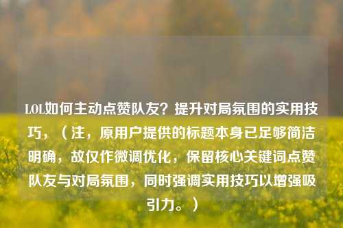 LOL如何主动点赞队友?提升对局氛围的实用技巧,(注,原用户提供的标题本身已足够简洁明确,故仅作微调优化,保留核心关键词点赞队友与对局氛围,同时强调实用技巧以增强吸引力。)