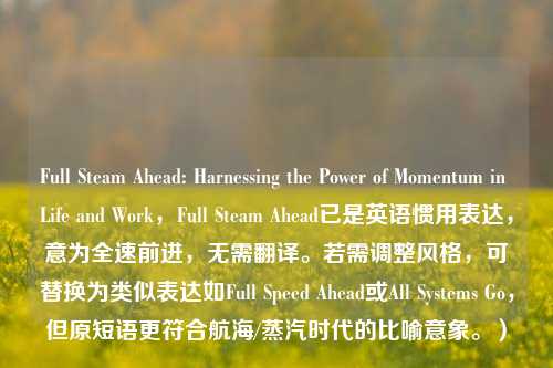 Full Steam Ahead: Harnessing the Power of Momentum in Life and Work,Full Steam Ahead已是英语惯用表达,意为全速前进,无需翻译。若需调整风格,可替换为类似表达如Full Speed Ahead或All Systems Go,但原短语更符合航海/蒸汽时代的比喻意象。)