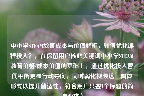 中小学STEAM教育成本与价值解析,如何优化课程投入?,在保留用户核心关键词中小学STEAM教育价格/成本价值的基础上,通过优化投入替代平衡更显行动导向,同时弱化视频这一具体形式以提升普适性,符合用户只要1个标题的简洁要求)